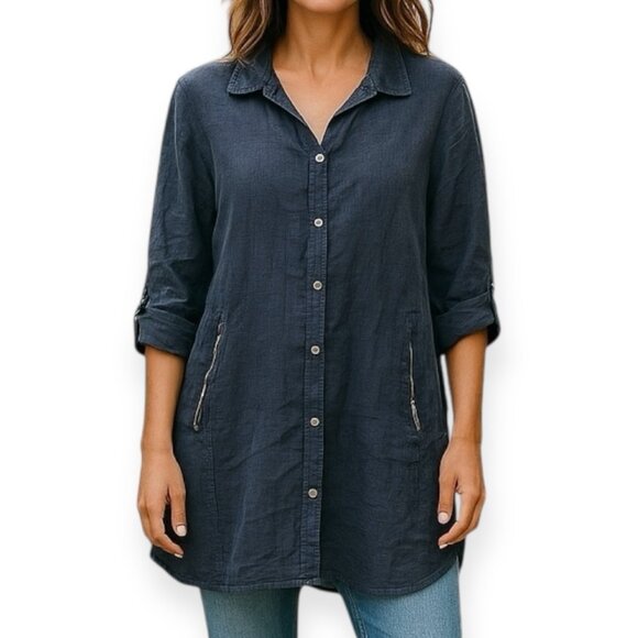 G.Botticelli 100% Linen M Tunic Dress Navy Gray Button Front 3/4 Sleeve Zip - Picture 1 of 13